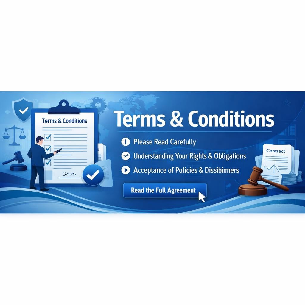 Illustration of person reviewing terms and conditions document with checklist and legal icons