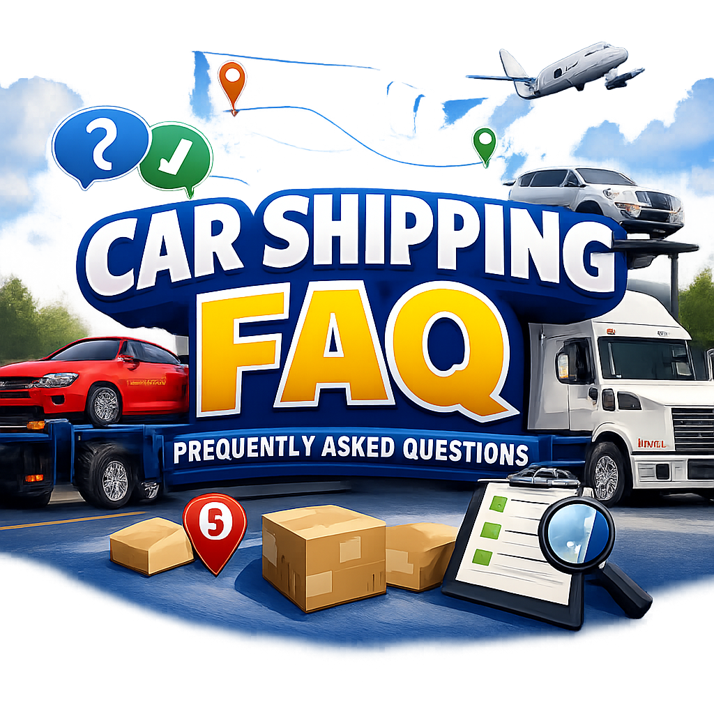Illustration of car shipping FAQ with truck, car on trailer, airplane, location pins, packages, and checklist