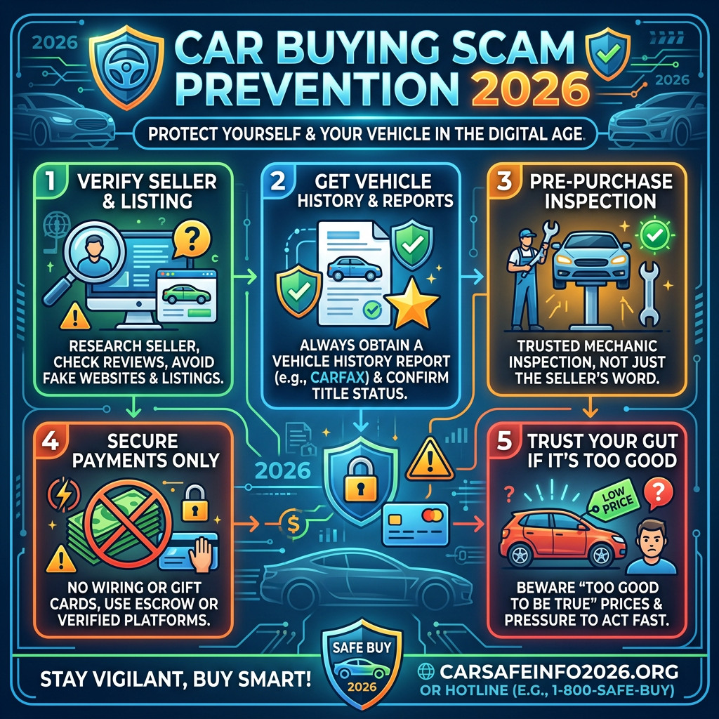 Tips for preventing car buying scams including verification, vehicle history, inspection, secure payments, and trusting your gut.