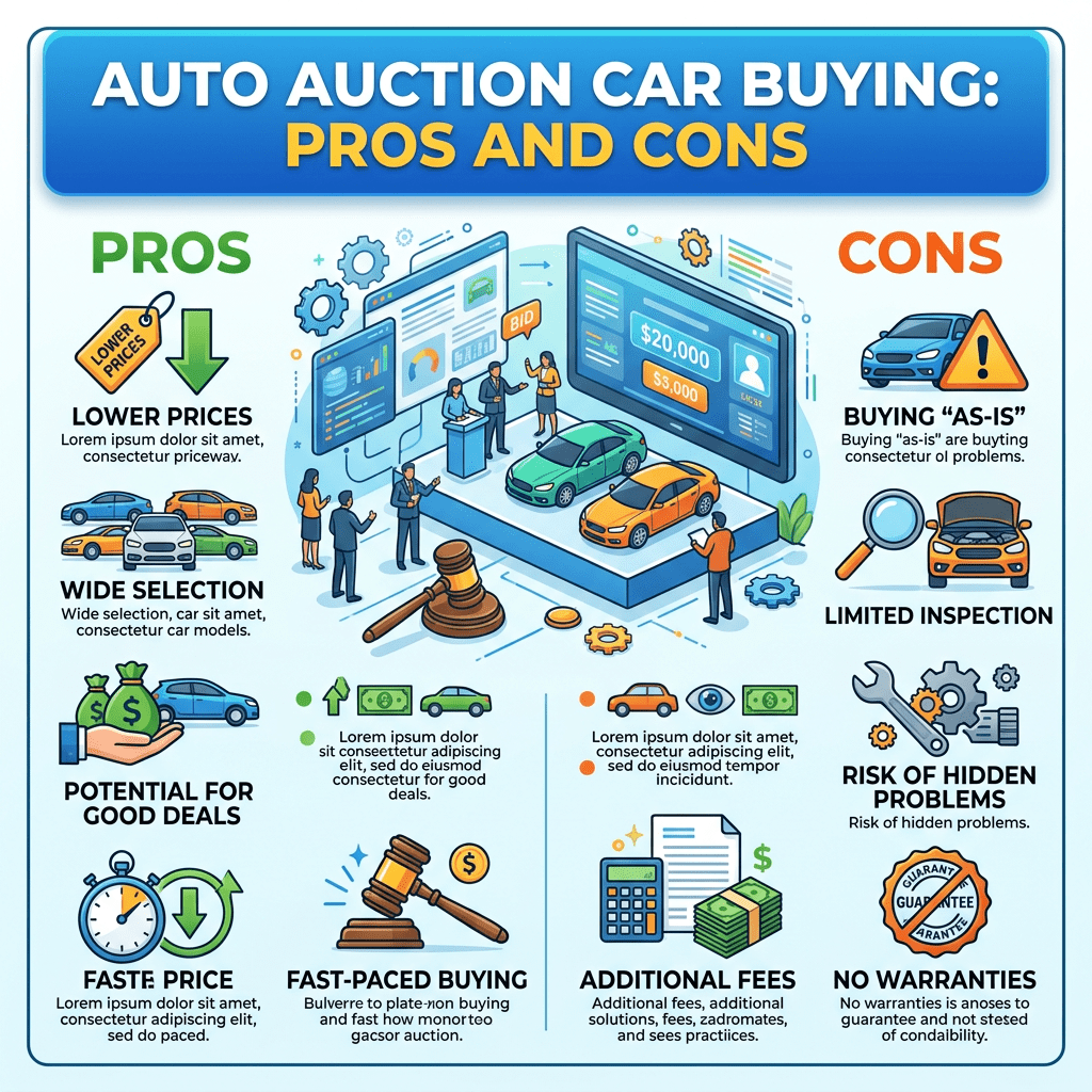 Pros and cons of auto auction car buying including lower prices, wide selection, potential for good deals, fast-paced buying, buying as-is, limited inspection, risk of hidden problems, additional fees, and no warranties.