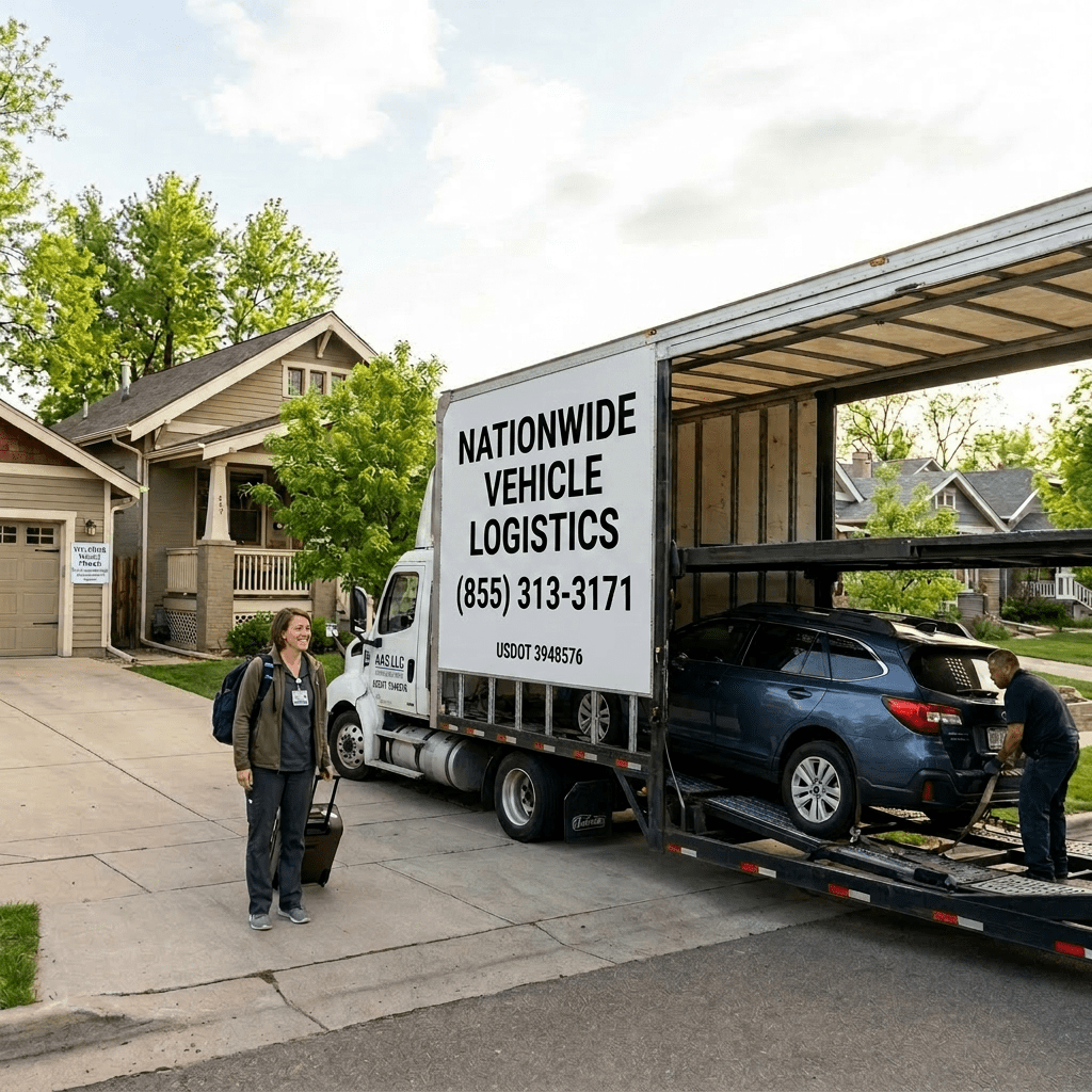 Travel nurse standing with luggage as car is loaded into an auto transport truck