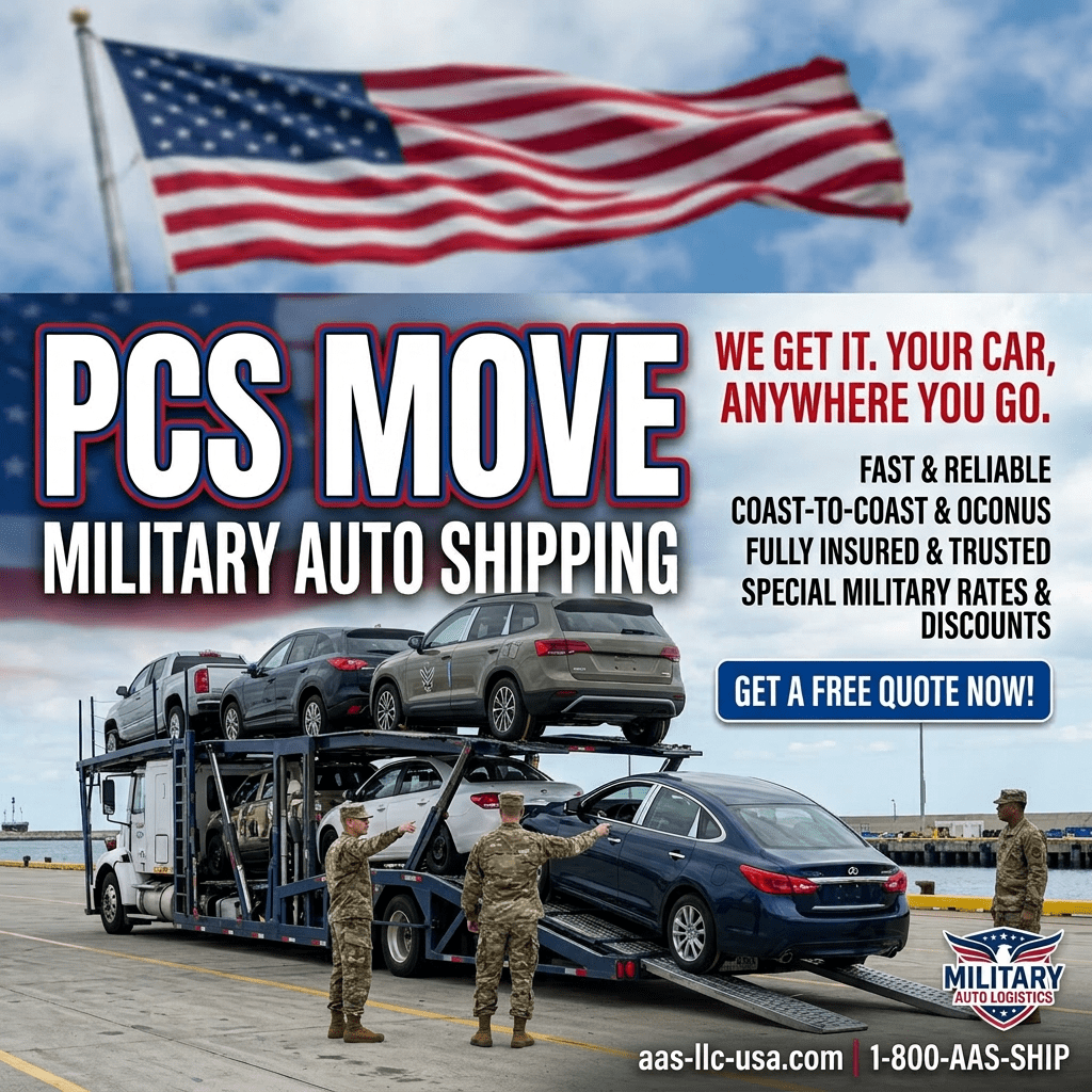 Military personnel loading cars onto a vehicle transport trailer at a dock