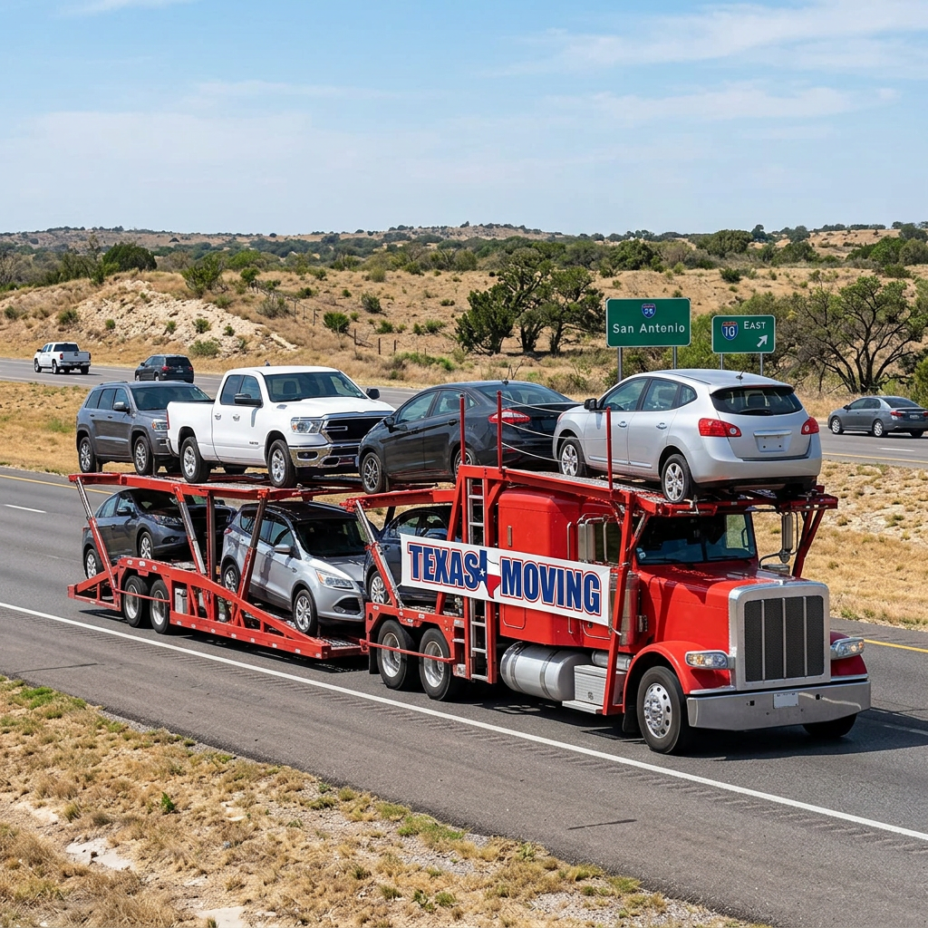 Red Texas Moving truck hauling seven cars on a highway with San Antonio road signs