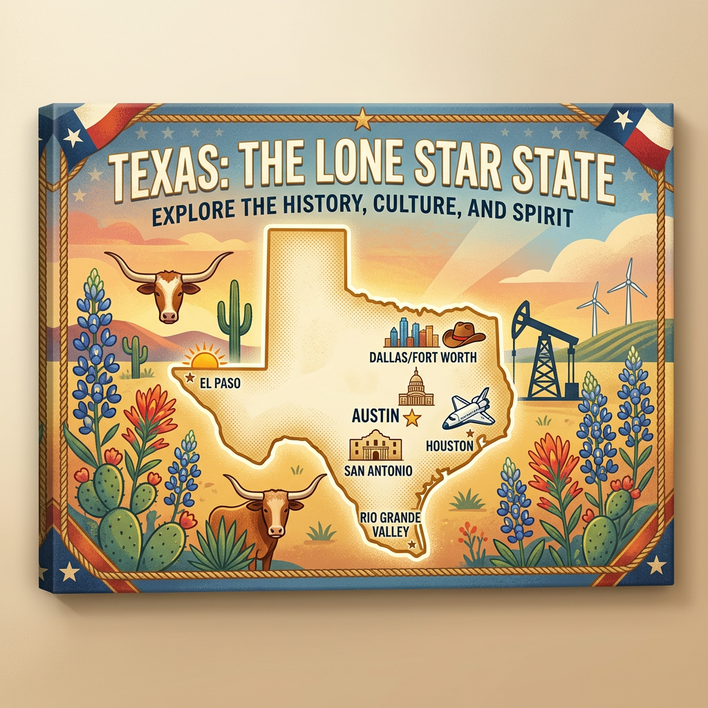 Map of Texas with cities El Paso, Dallas/Fort Worth, Austin, Houston, San Antonio, Rio Grande Valley marked with icons
