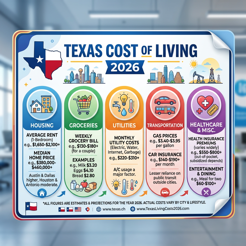 Texas cost of living 2026 with estimated expenses for housing, groceries, utilities, transportation, and healthcare