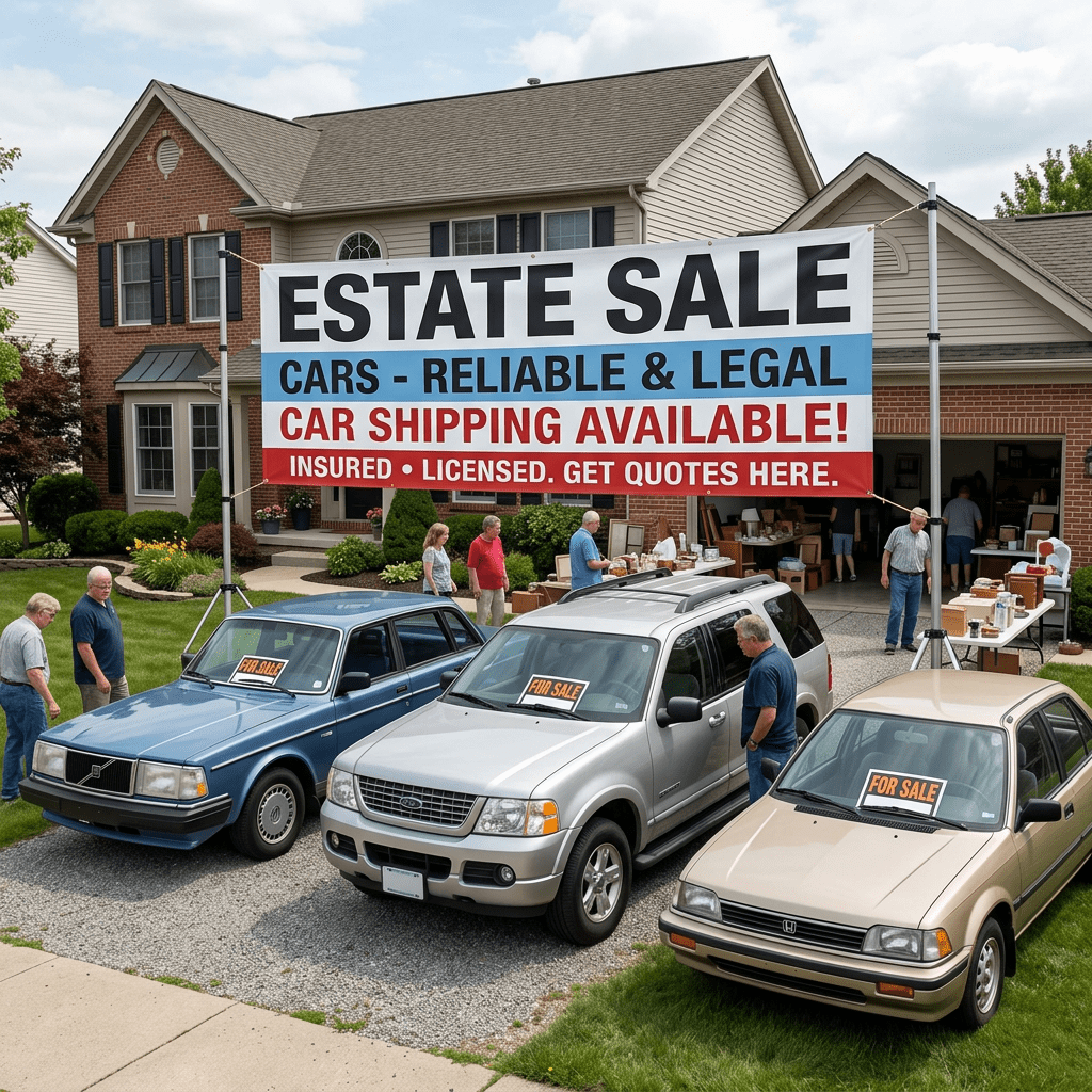 Three cars for sale with an estate sale banner offering reliable cars and shipping