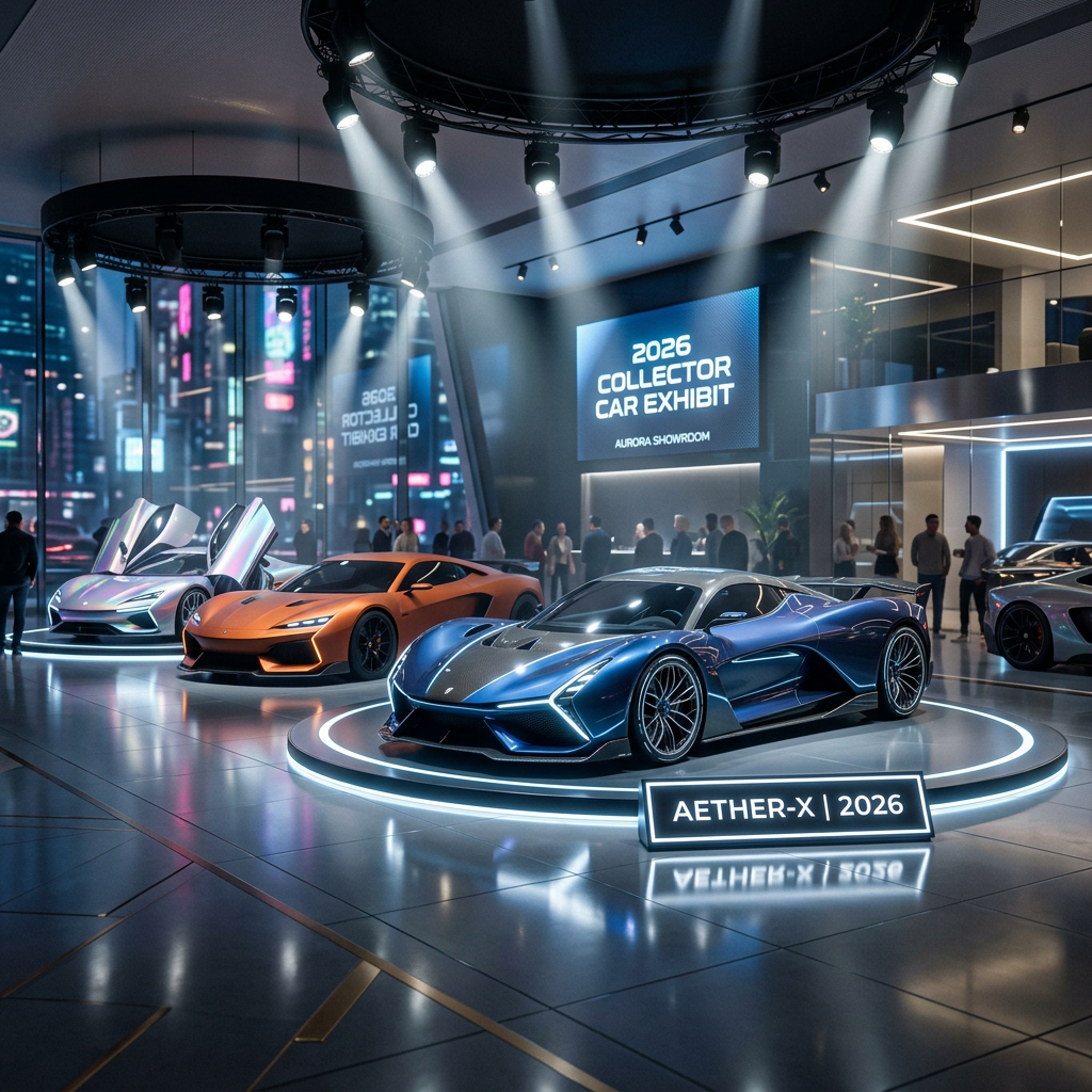 Three futuristic collector cars on display in a showroom with spotlights and informational signs