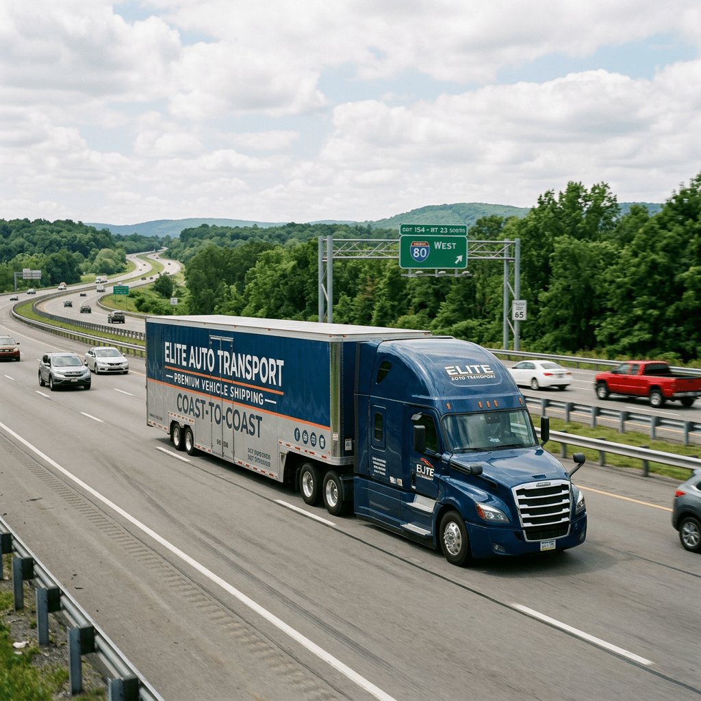 Blue Elite Auto Transport truck on highway with green trees and hills