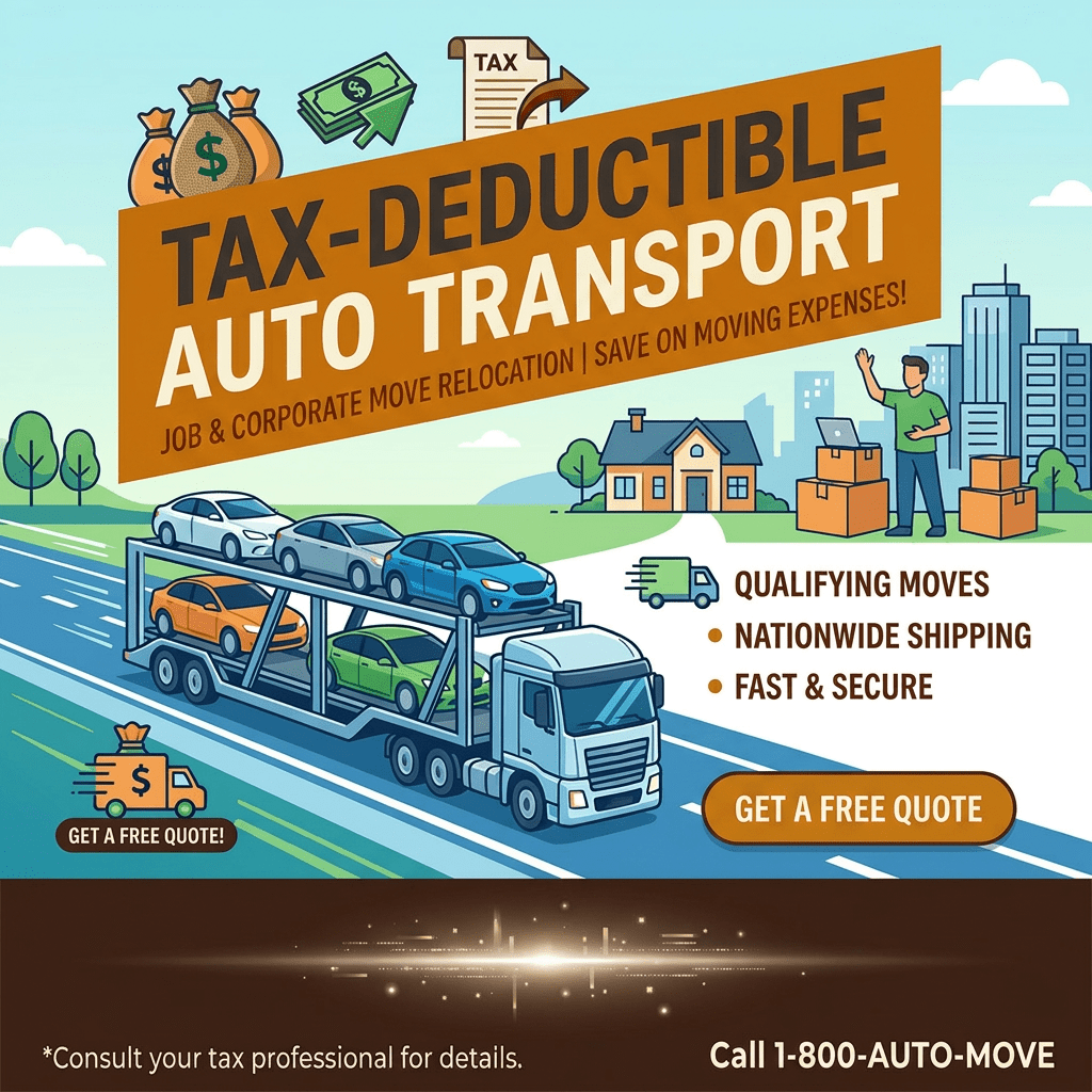 Advertisement for tax-deductible auto transport services with qualifying moves, nationwide shipping, and fast secure options