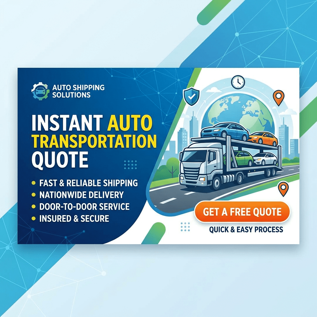 Auto shipping advertisement with car carrier truck and service features