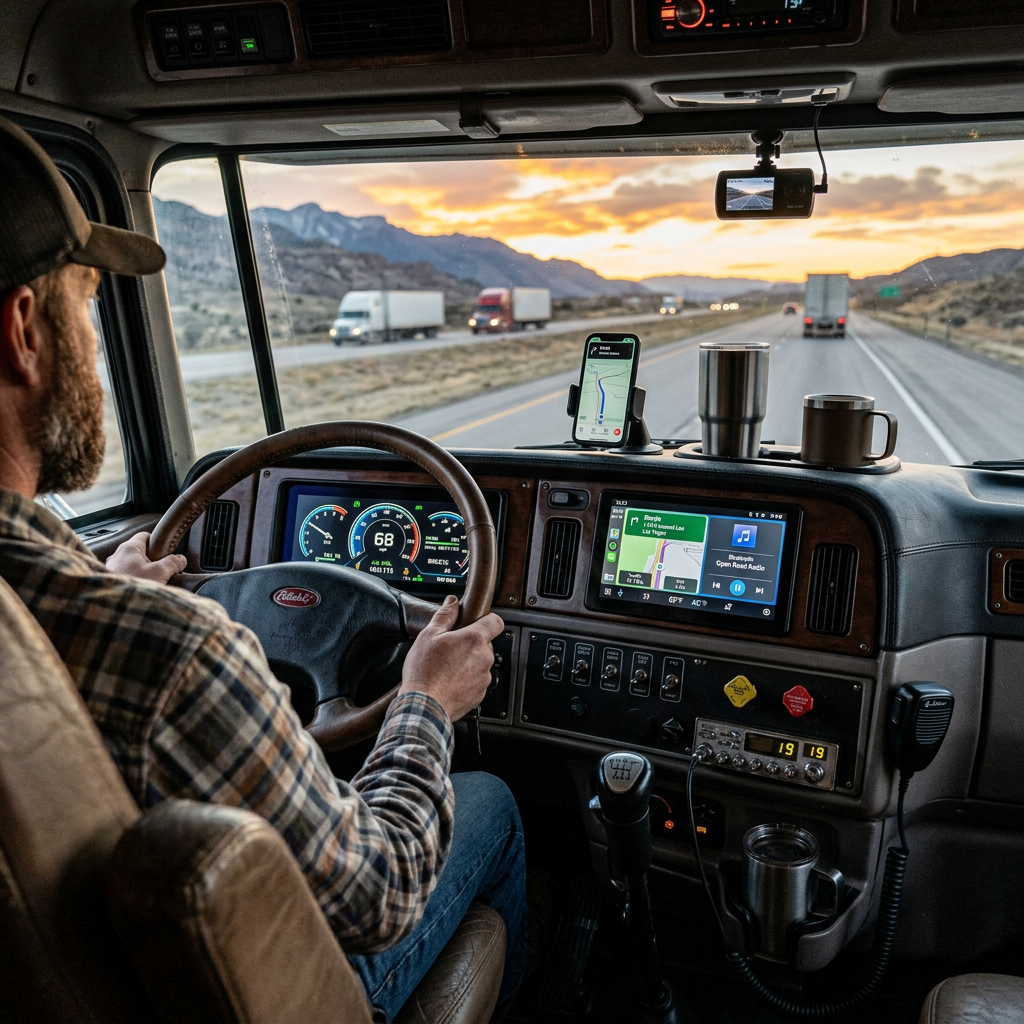 Truck driver navigating highway with GPS and dashboard display at sunset
