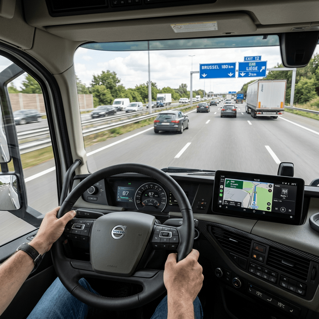 View from inside a truck cab showing hands on the steering wheel, dashboard with gauges, and GPS screen navigating highway traffic towards Brussels and Liège