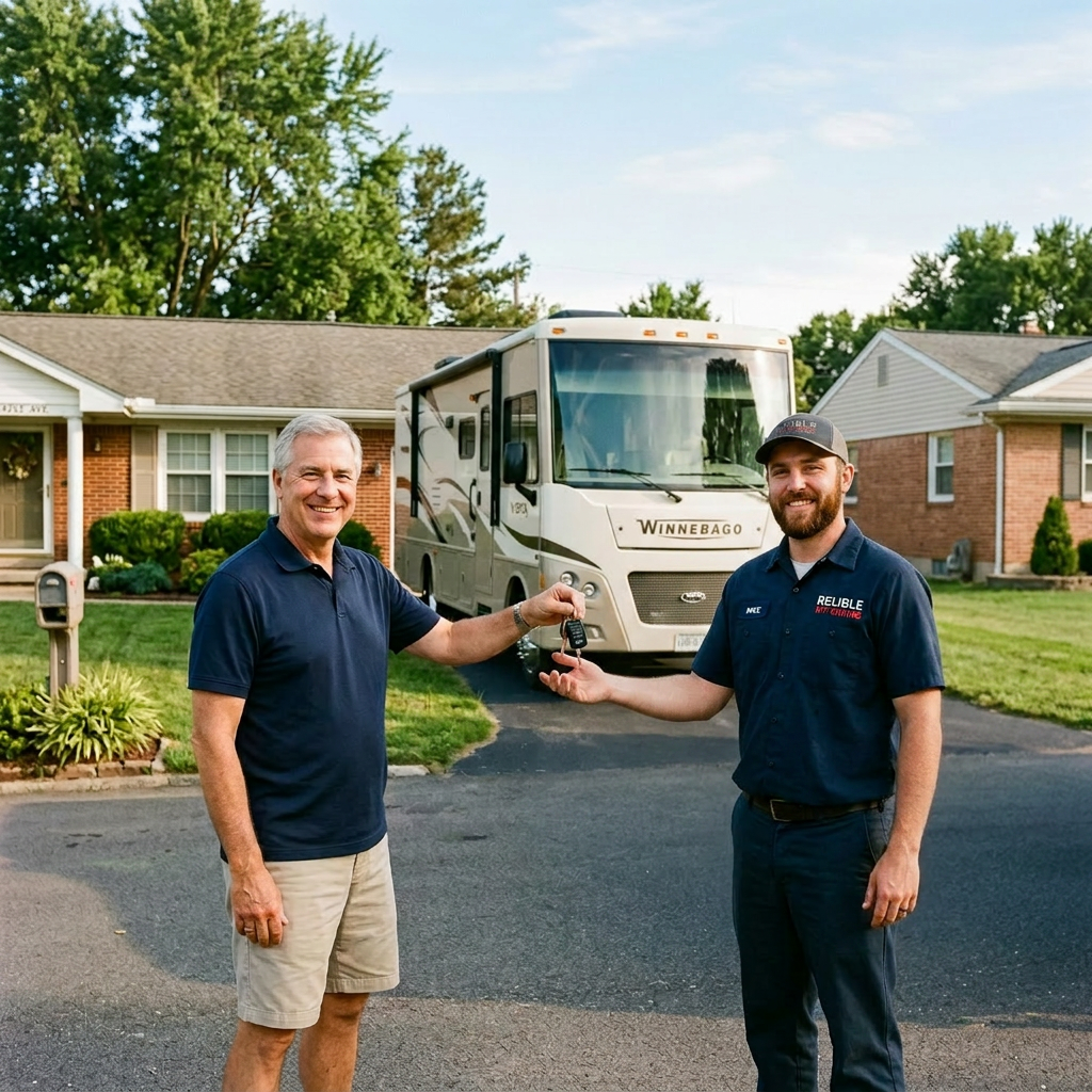 Technician handing RV keys to customer outside a suburban home