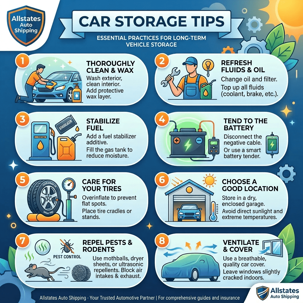Eight car storage tips including cleaning, fluid refresh, fuel stabilization, battery care, tire maintenance, good location, pest repellent, and ventilation