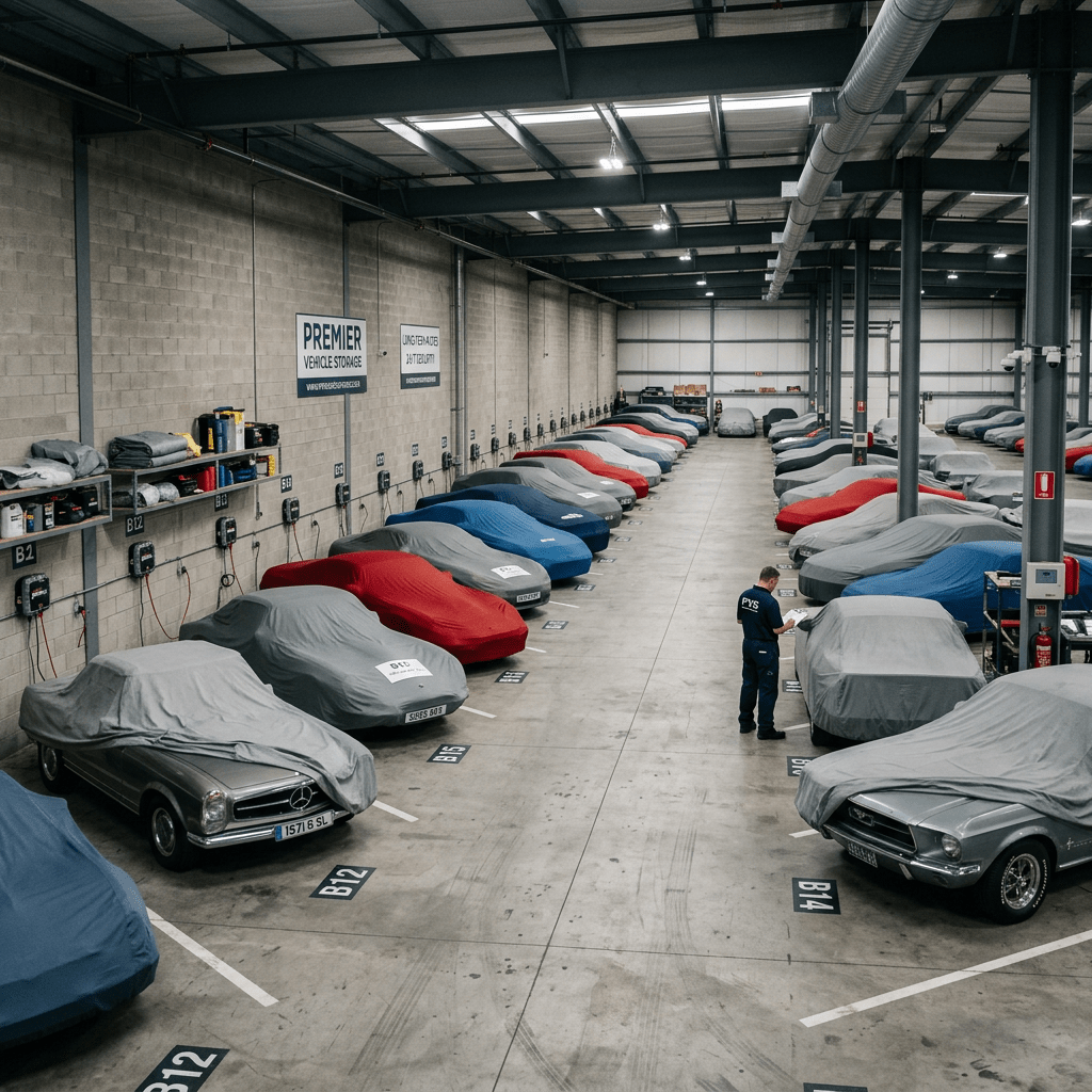 Classic cars covered with protective covers in an indoor storage warehouse