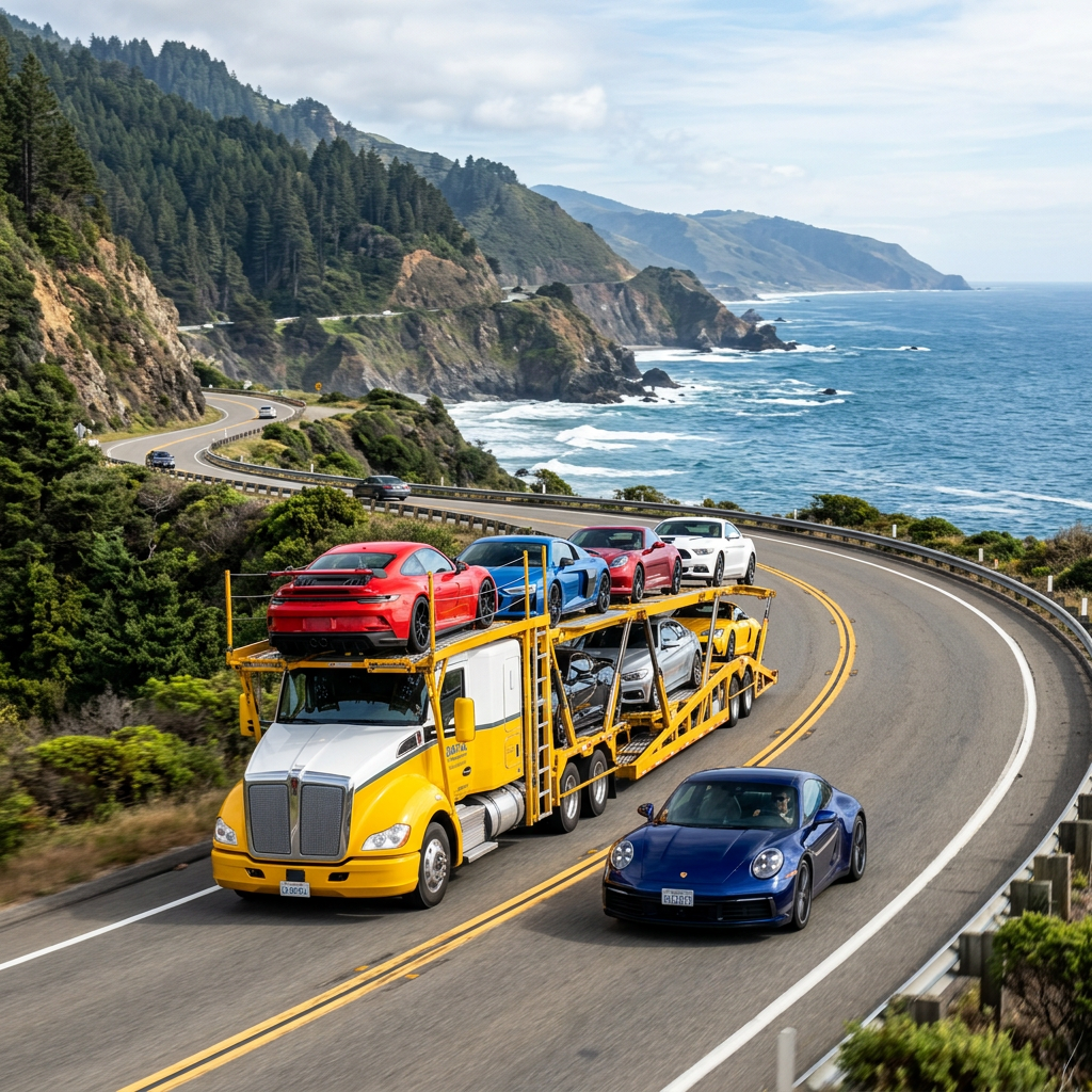 Yellow car transporter truck carrying multiple sports cars on coastal highway