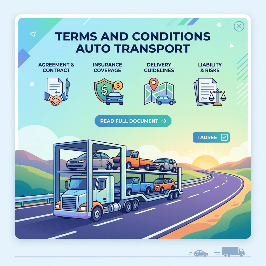 Truck carrying cars on a highway with terms and conditions icons for auto transport