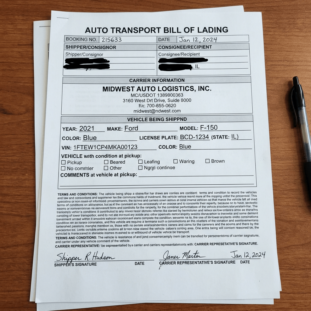 Auto transport bill of lading showing shipment details for a 2021 blue Ford F-150
