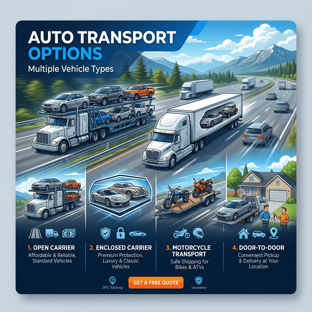 Illustration showing four types of vehicle transportation: open carrier, enclosed carrier, motorcycle transport, and door-to-door delivery services