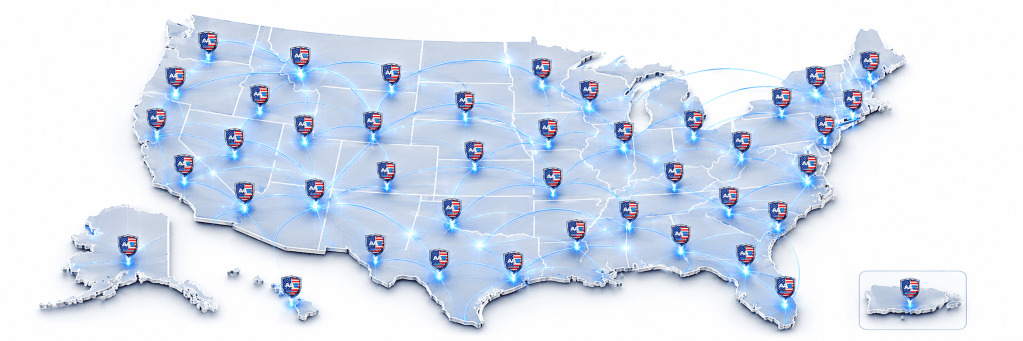 Allstates Auto Shipping nationwide carrier network map with AAS logo markers across all 50 states, Alaska, Hawaii, and Puerto Rico.